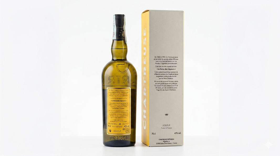 Étiquette Chartreuse Reine des Liqueurs 2023 jaune 43° vieillissement prolongé fûts de chêne