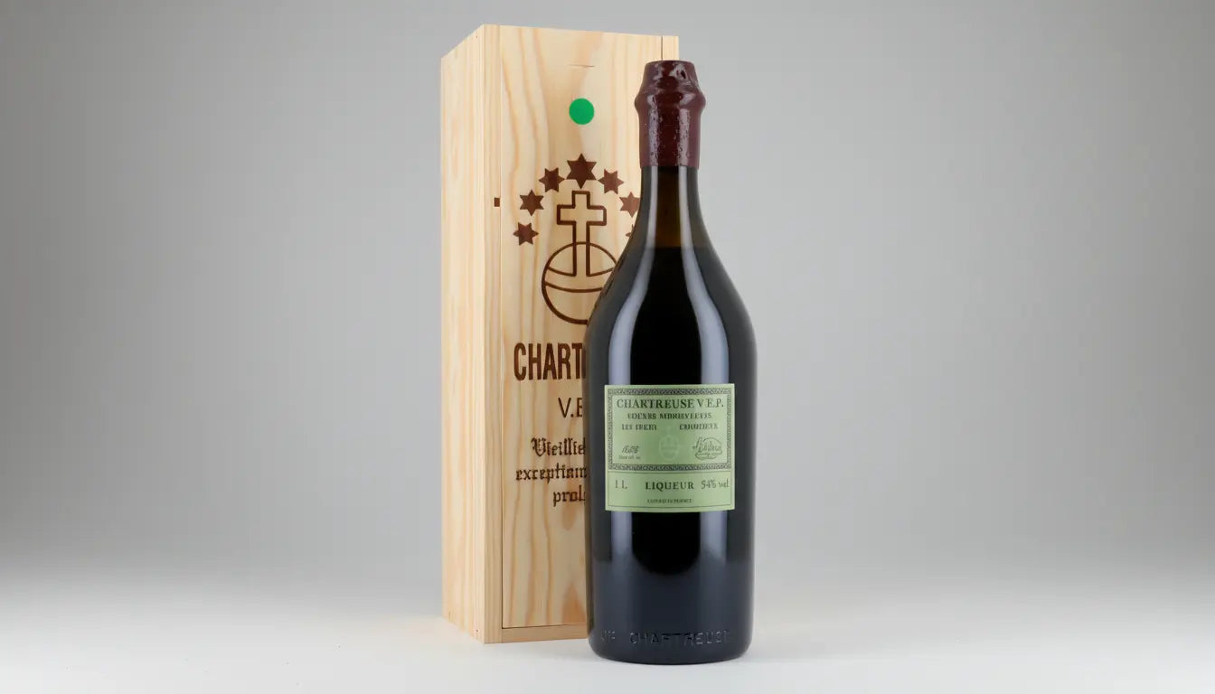 Bouteille de Chartreuse V.E.P. Verte 54% vol. 1L avec son coffret bois d'origine - Cuveria